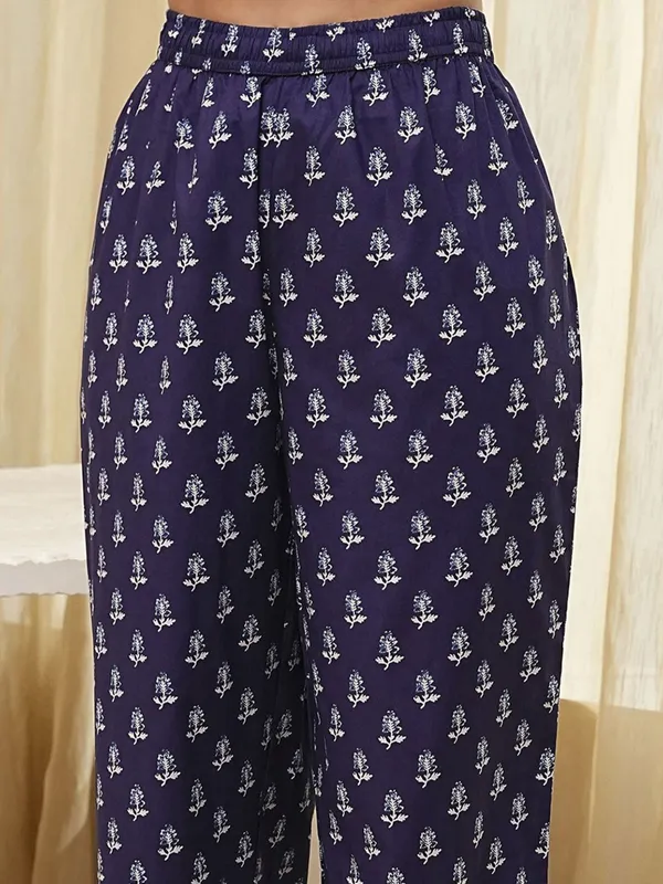Navy printed palazzo kurti set in cotton silk
