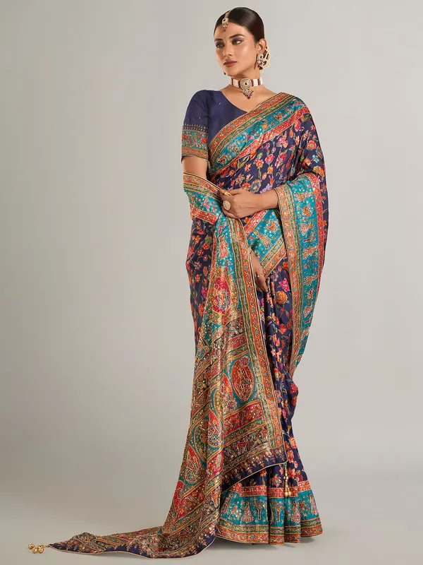 Navy printed pashmina silk saree