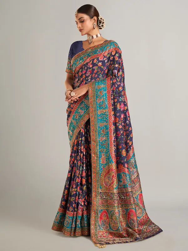 Navy printed pashmina silk saree