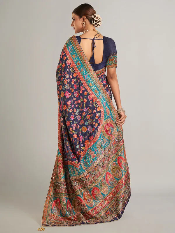 Navy printed pashmina silk saree