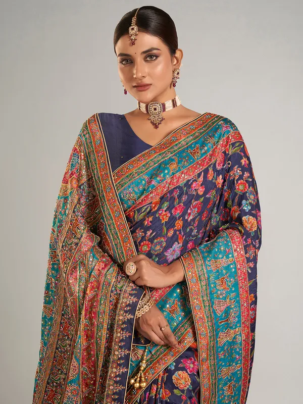 Navy printed pashmina silk saree