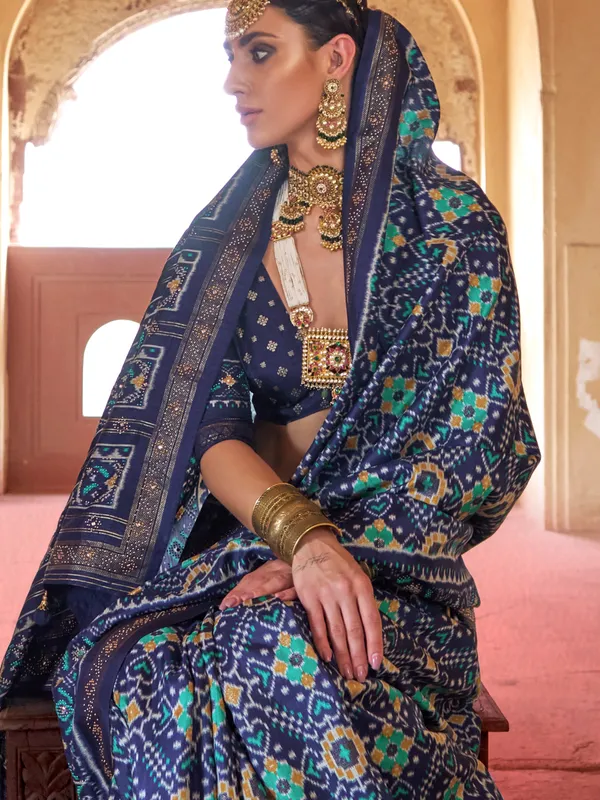 Navy printed patola silk saree for festive wear