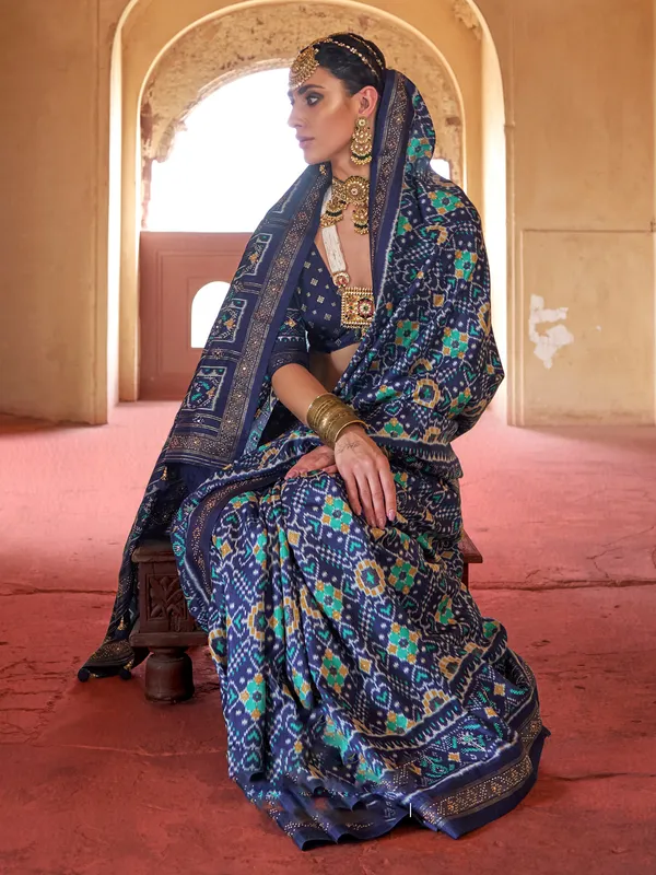 Navy printed patola silk saree for festive wear