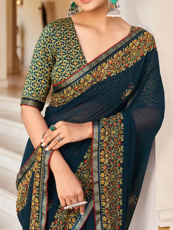 Navy printed saree in soft georgette