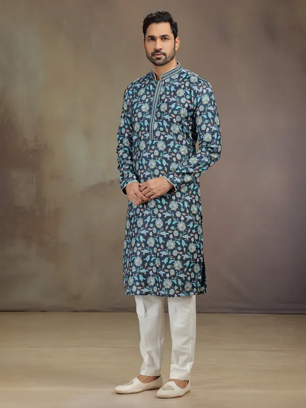 Navy printed silk kurta suit for men