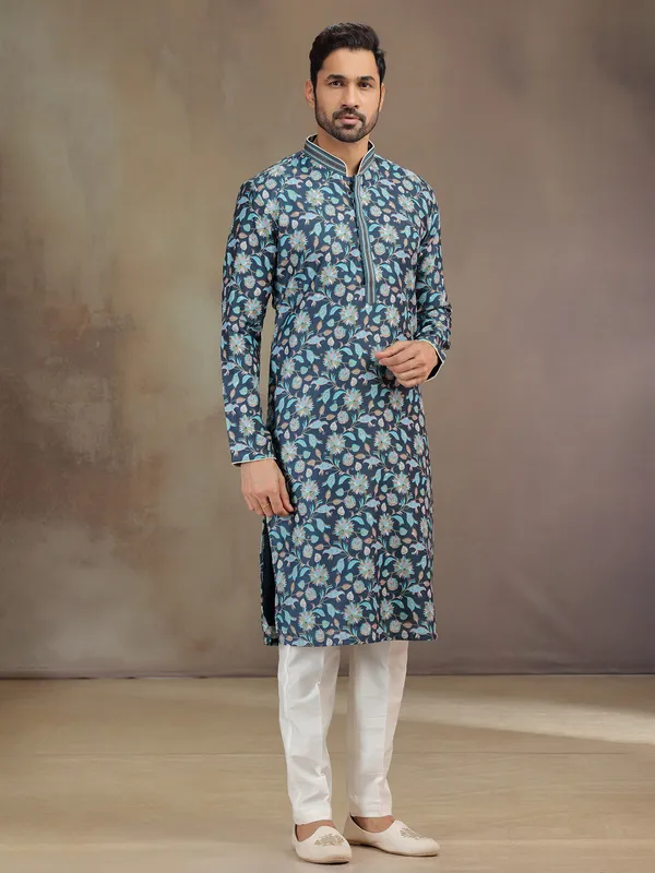 Navy printed silk kurta suit for men