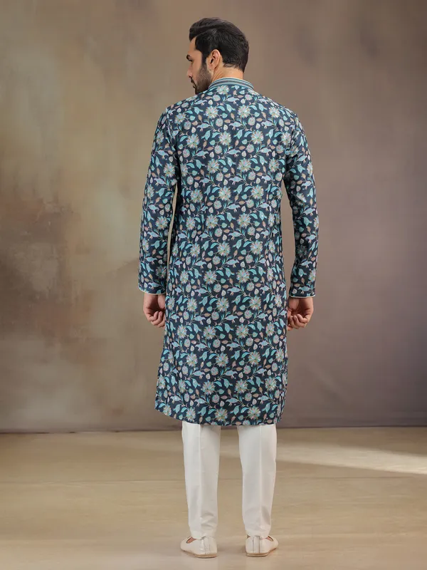 Navy printed silk kurta suit for men
