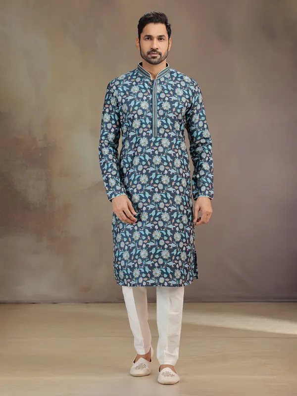 Navy printed silk kurta suit for men