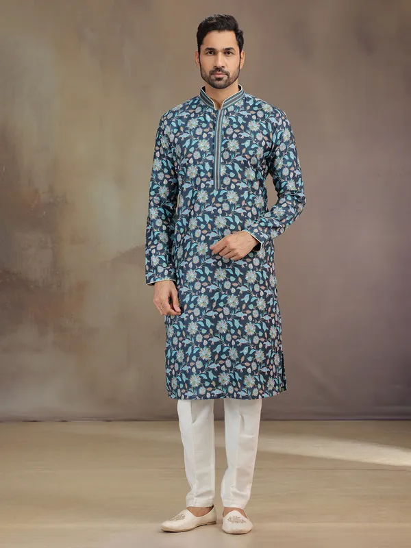 Navy printed silk kurta suit for men