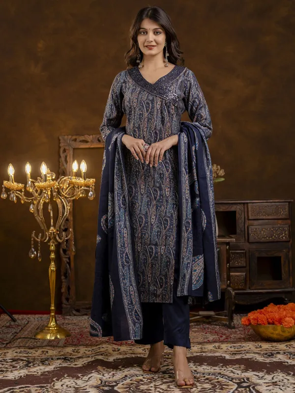 Navy printed silk kurti set for festive