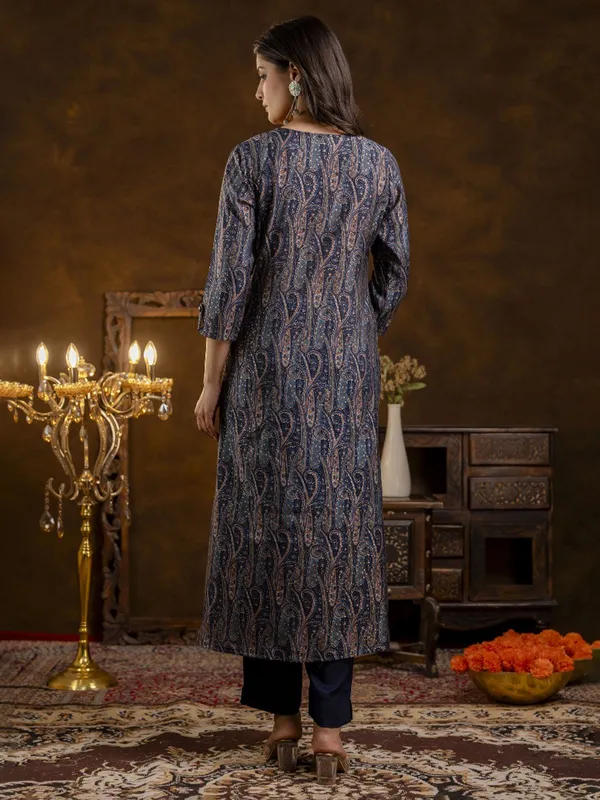 Navy printed silk kurti set for festive