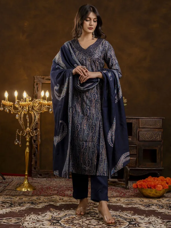Navy printed silk kurti set for festive