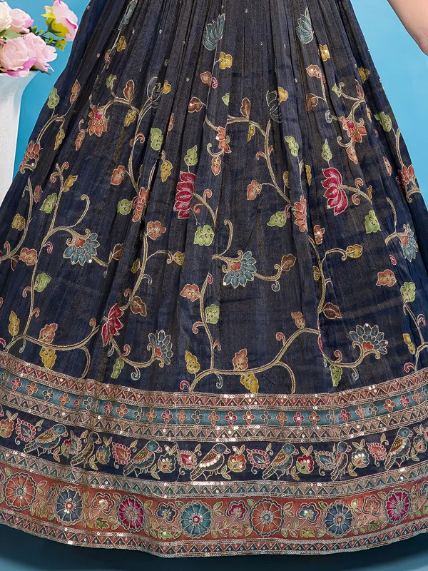 Navy printed silk lehenga choli for wedding wear