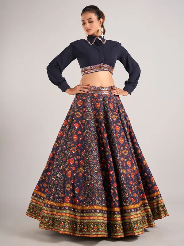 Navy printed silk lehenga choli for women