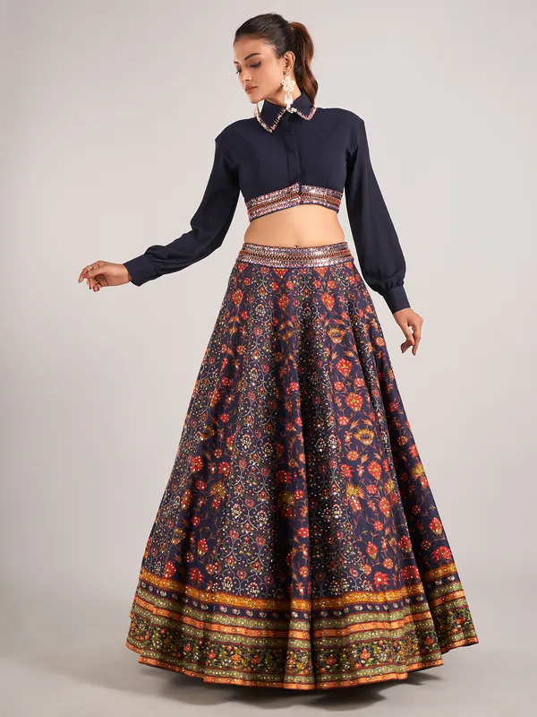 Navy printed silk lehenga choli for women