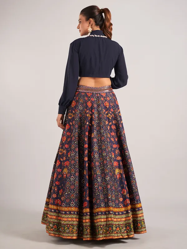 Navy printed silk lehenga choli for women