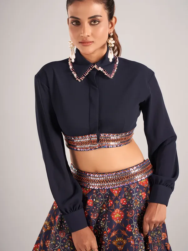 Navy printed silk lehenga choli for women