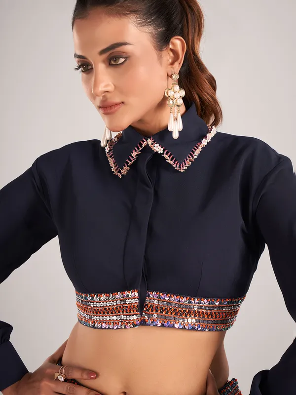 Navy printed silk lehenga choli for women