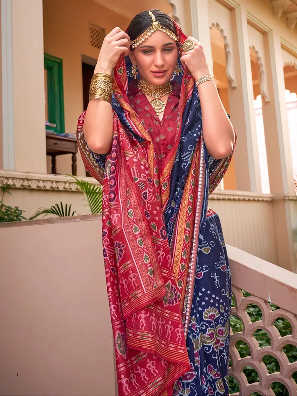 Navy printed silk saree for festive elegance