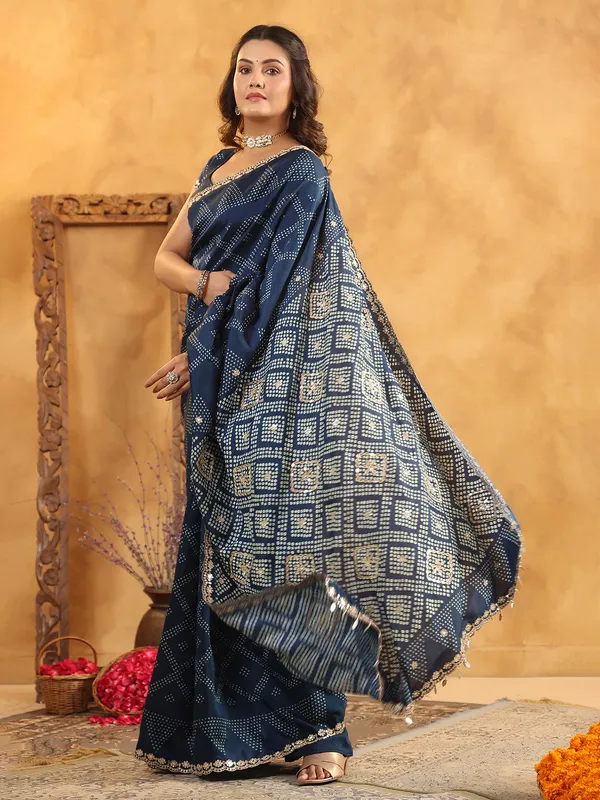 Navy printed silk saree with aabla highlights