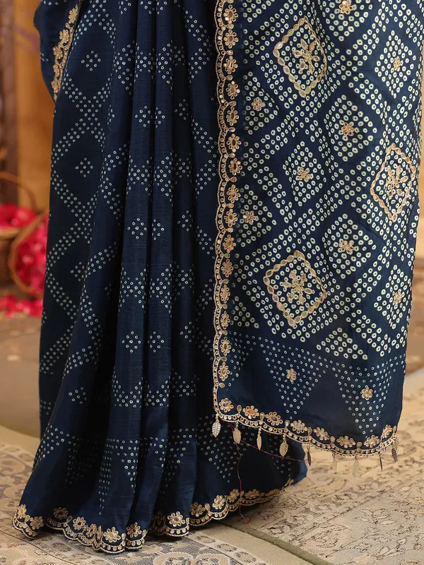 Navy printed silk saree with aabla highlights