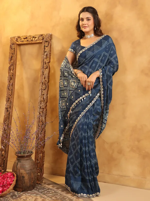 Navy printed silk saree with aabla highlights