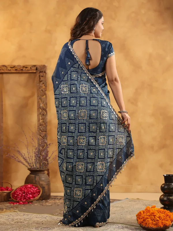 Navy printed silk saree with aabla highlights