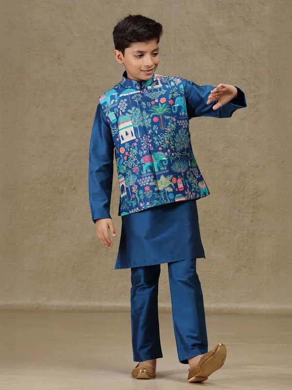 Navy printed silk waistcoat set