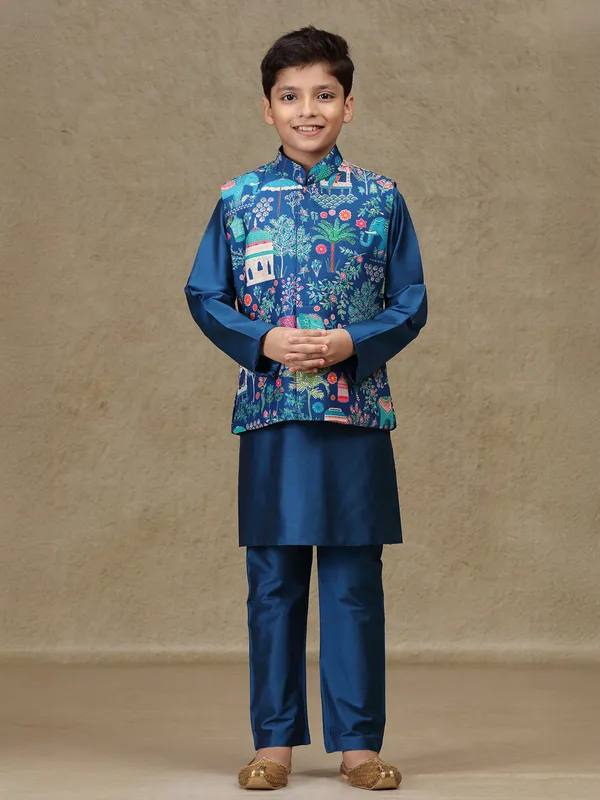 Navy printed silk waistcoat set