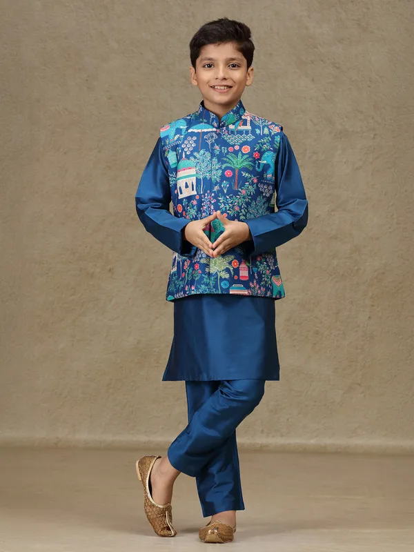 Navy printed silk waistcoat set