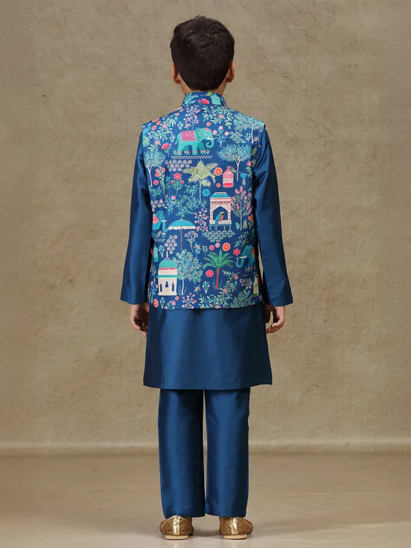 Navy printed silk waistcoat set