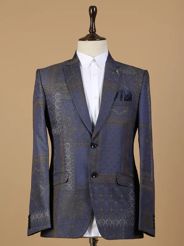 Navy printed terry rayon blazer