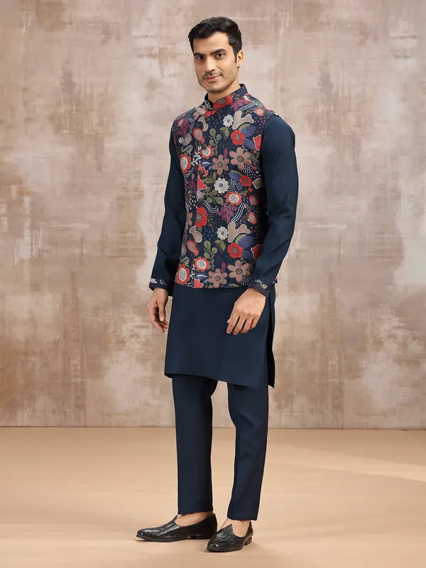 Navy printed waistcoat set for festive look