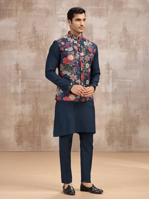Navy printed waistcoat set for festive look
