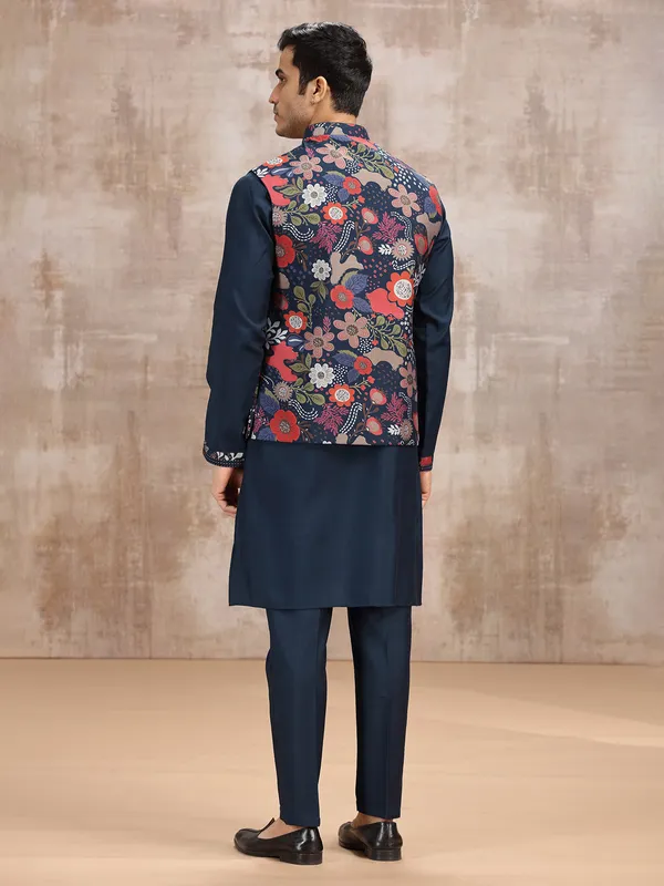 Navy printed waistcoat set for festive look
