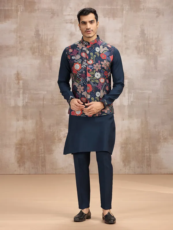 Navy printed waistcoat set for festive look