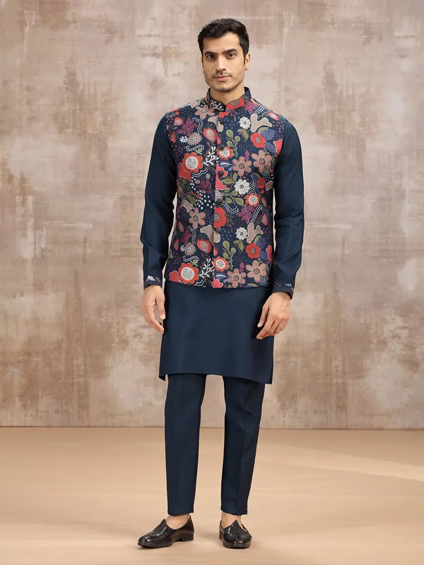 Navy printed waistcoat set for festive look