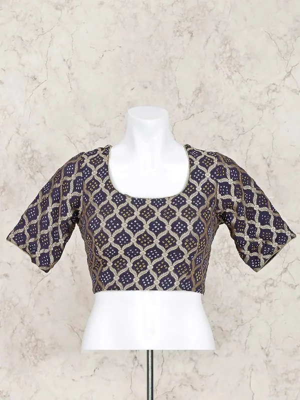 Navy printed with zari weaved bandhej blouse