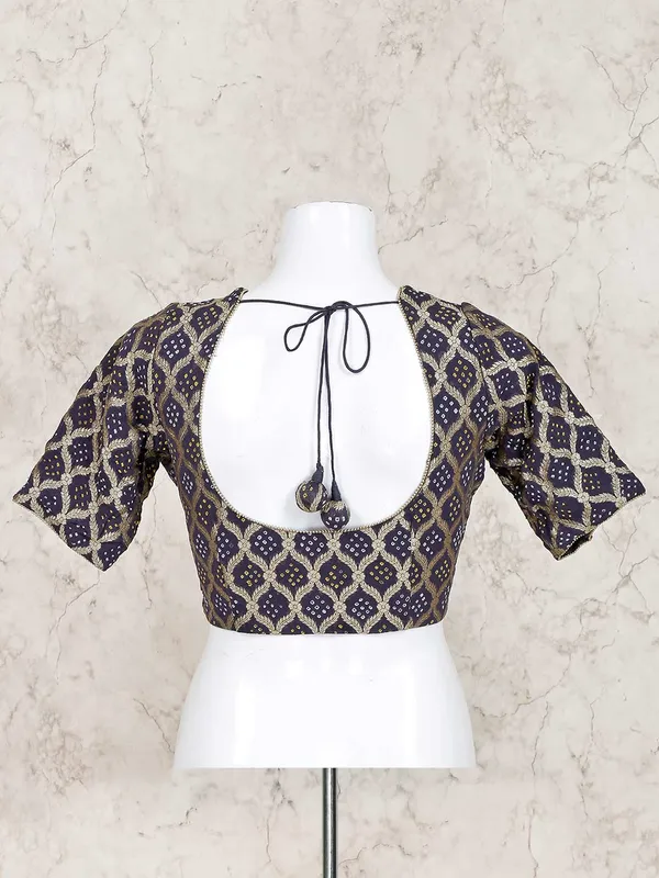Navy printed with zari weaved bandhej blouse