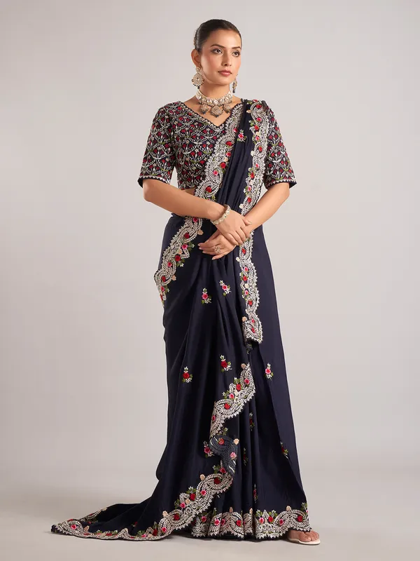 Navy pure dola silk saree with elegant embroidery