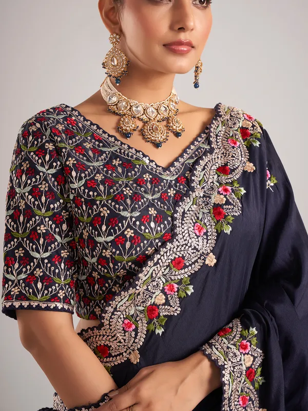 Navy pure dola silk saree with elegant embroidery