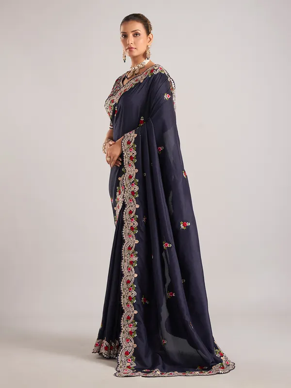 Navy pure dola silk saree with elegant embroidery