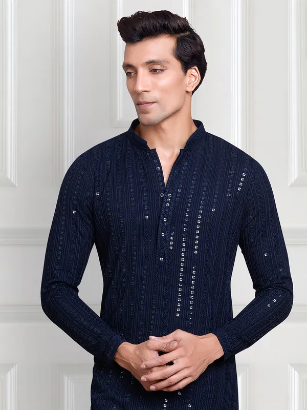 Navy rayon cotton kurta with peshawari dhoti