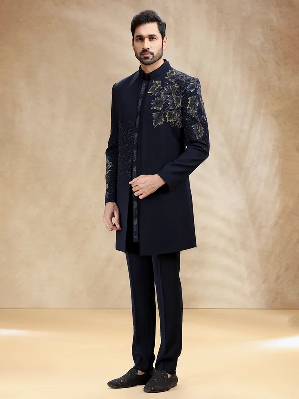 Navy reception wear indowestern set in terry rayon