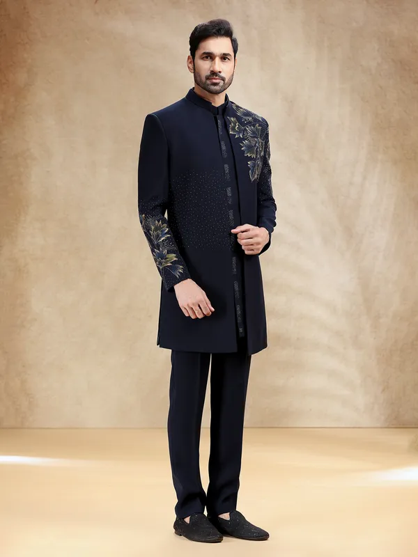 Navy reception wear indowestern set in terry rayon