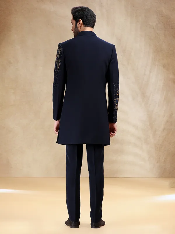 Navy reception wear indowestern set in terry rayon