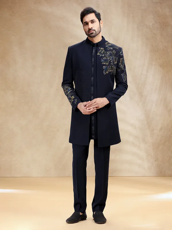 Navy reception wear indowestern set in terry rayon