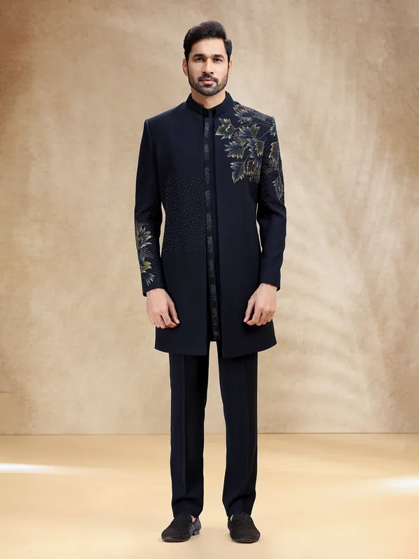 Navy reception wear indowestern set in terry rayon