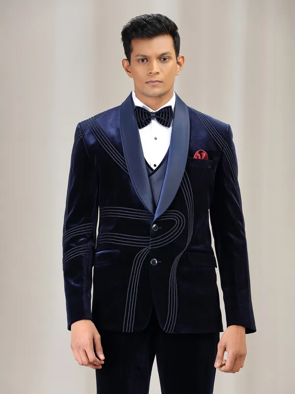 Navy reception wear velvet coat suit with bow tie