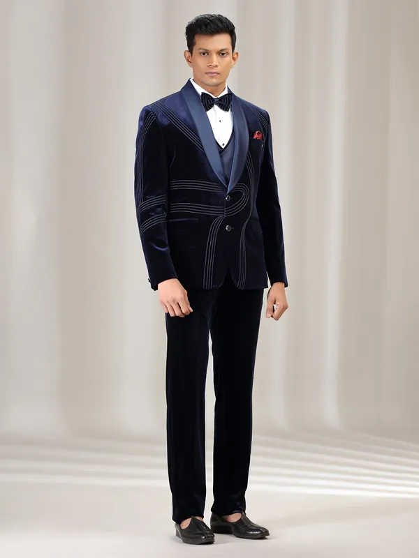 Navy reception wear velvet coat suit with bow tie